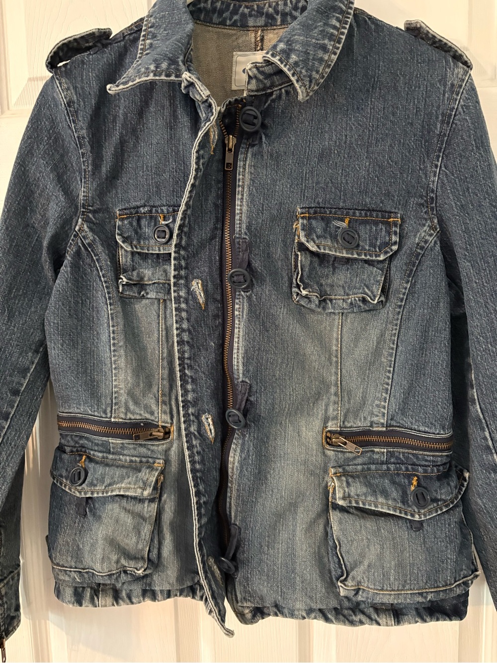 Old Navy Denim Utility Jacket Cargo Pocket Zip Front Blue Large - Picture 7 of 12